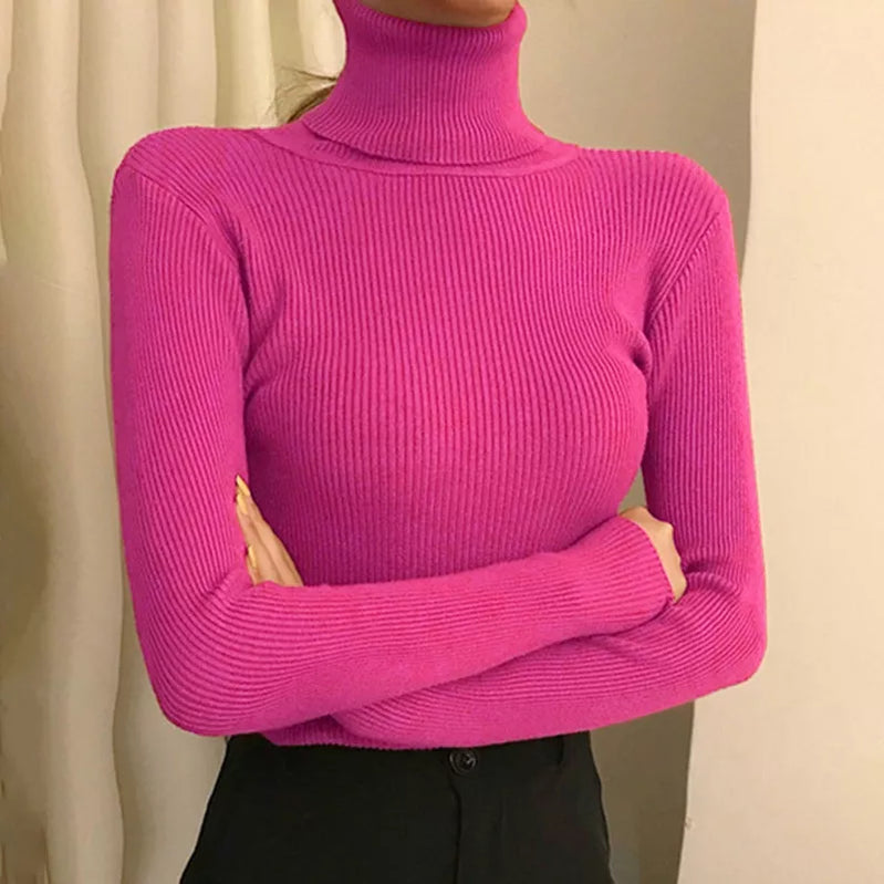 Winter Turtleneck Women's Sweater Knitted Pullover Soft Slim Long Sleeve Top Solid Color Basic High Neck Jumper Woman Clothing rose red-High neck One Size(40-65kg)