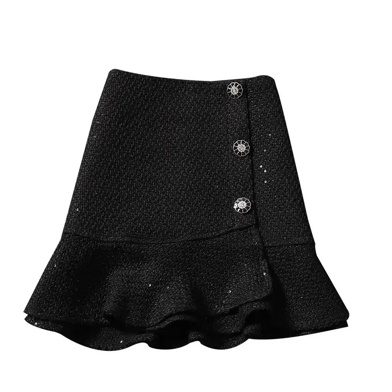 Sequin Tweed Skirt for women autumn winter korea style high waist slim ruffle skirt lady Woolen mermaid skirt