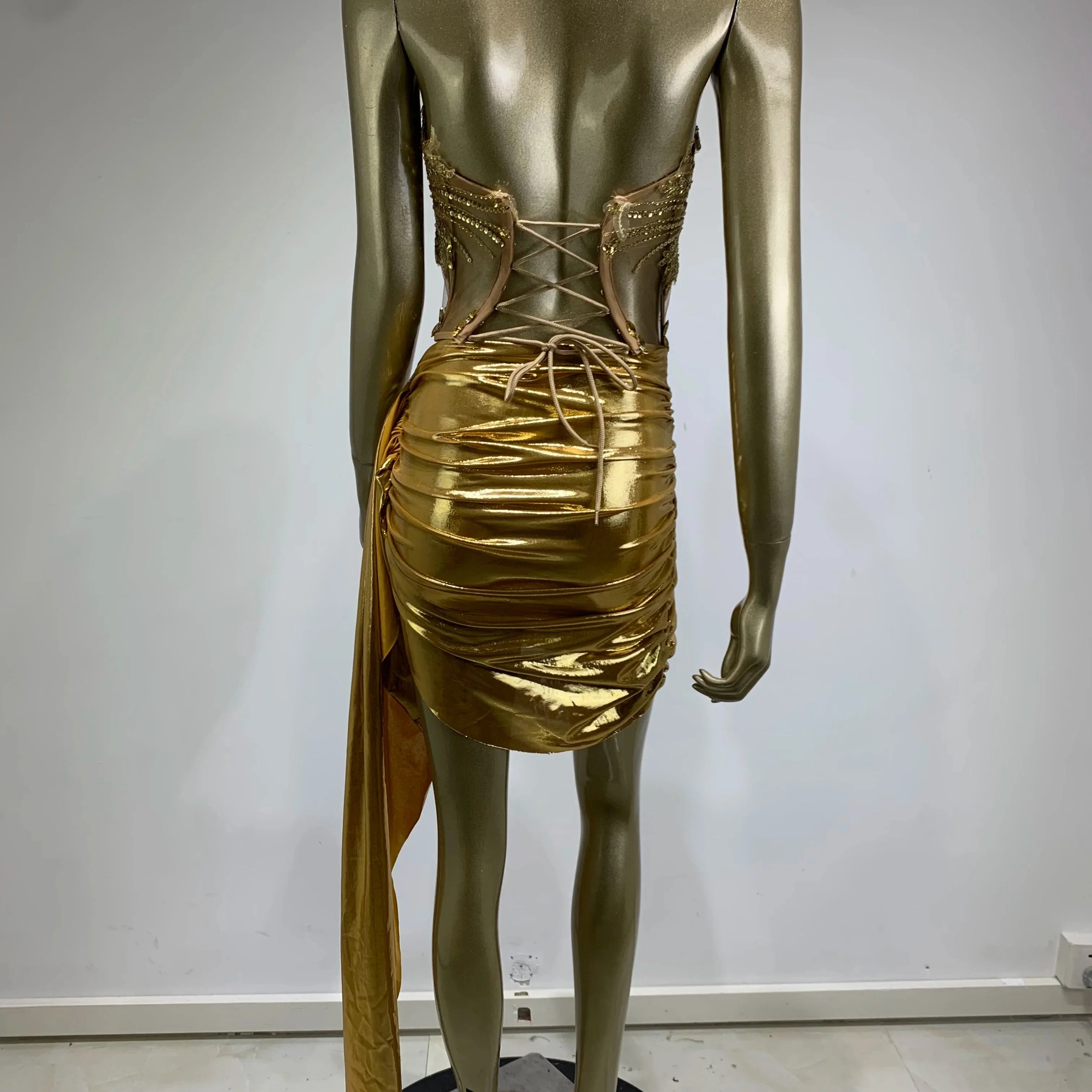 Stock Women Strapless Backless Gold Ruched Mini Skirt Set Birthday Party Costume Bar Nightclub Stage Performance Clothing