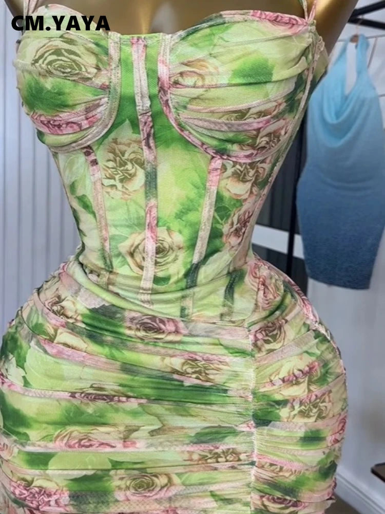 CM.YAYA Women Sleeveless Floral Print Strap Stacked Ruched High Split Tunic Maxi Long Dress 2025 Birthday Vacation Beach Dresses