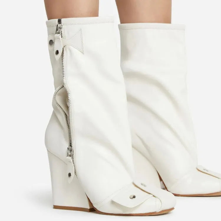 Brand Women's Boots Autumn and Winter Fashion Color Contrast Rivet Side Zipper High Heel Fashion Stage Show Party Boots 8663-1-white