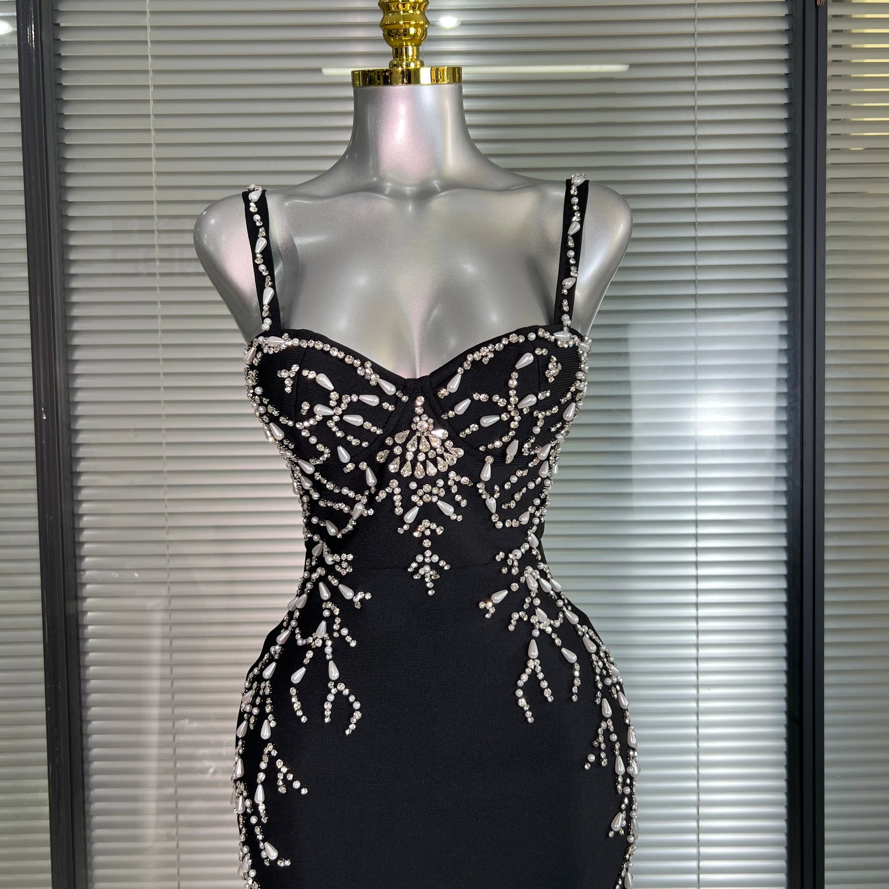Summer New 2025 Women Black Long Bodycon Bandage Dress Crystal Evening Party Dress Vestido