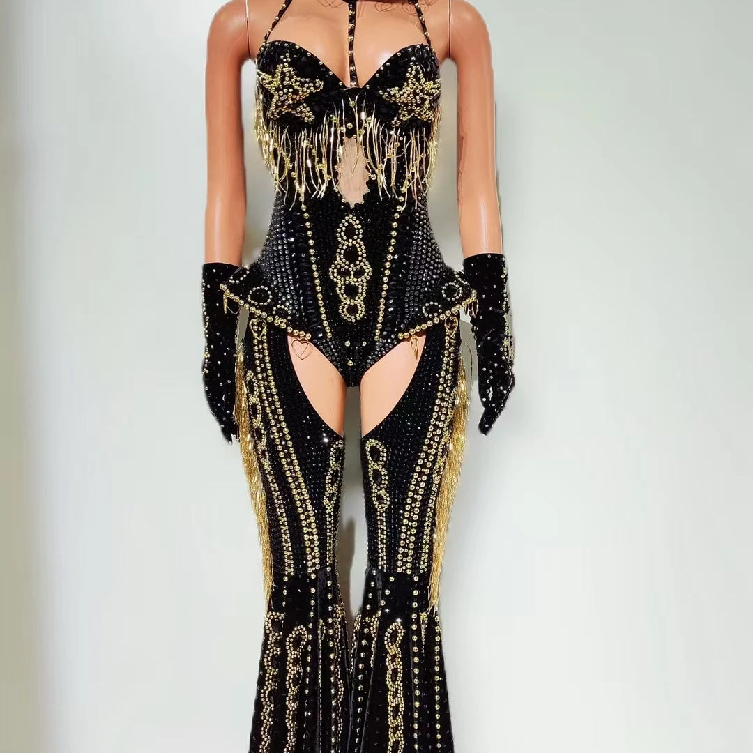 Sparkly Rhinestone Tassel Luxury Bodysuit 4Piece Set Cowboy Night Out Party Outfit Stage Show Jumpsuit Carnival Wear Hongding