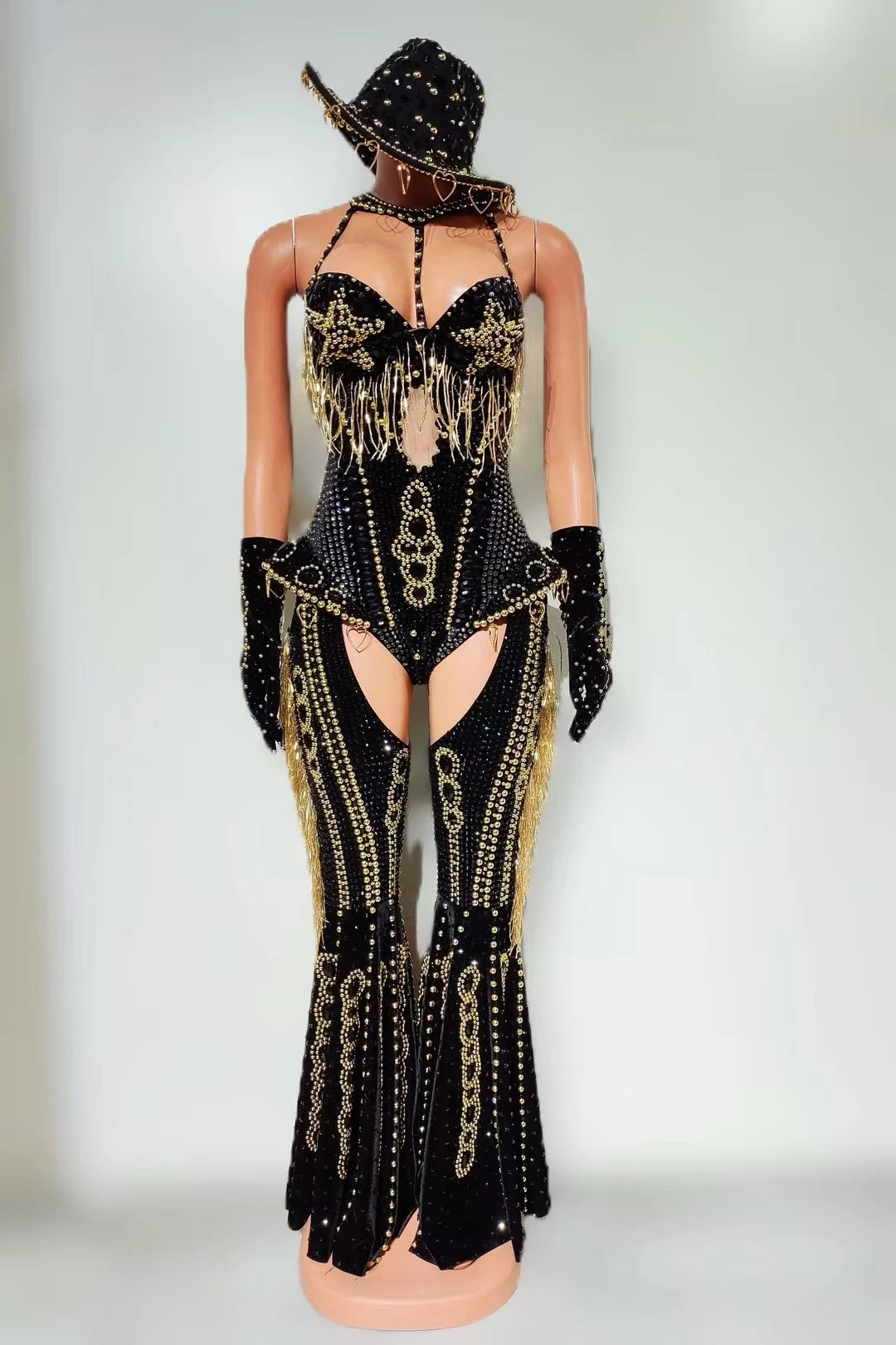 Sparkly Rhinestone Tassel Luxury Bodysuit 4Piece Set Cowboy Night Out Party Outfit Stage Show Jumpsuit Carnival Wear Hongding