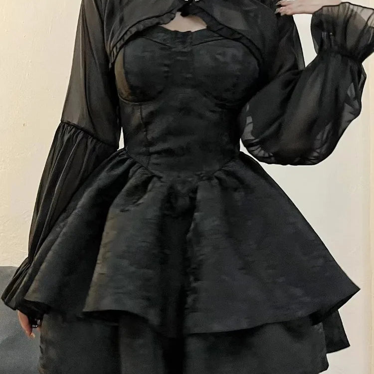 HOUZHOU Black Sexy Lolita Dress Women Gothic Vintage Mini Dresses Harajuku Long Sleeve Fairy Two-piece Dresses Party Dress Sets