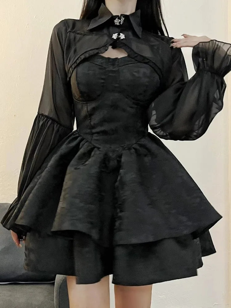 HOUZHOU Black Sexy Lolita Dress Women Gothic Vintage Mini Dresses Harajuku Long Sleeve Fairy Two-piece Dresses Party Dress Sets