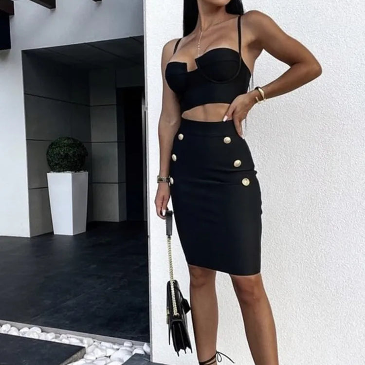 Women Summer Sexy Sleeveless V Neck Button Black Beige Hot Pink Mini Bodycon Bandage Set 2022 Elegant Evening Club Party Outfits