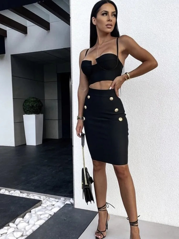 Women Summer Sexy Sleeveless V Neck Button Black Beige Hot Pink Mini Bodycon Bandage Set 2022 Elegant Evening Club Party Outfits