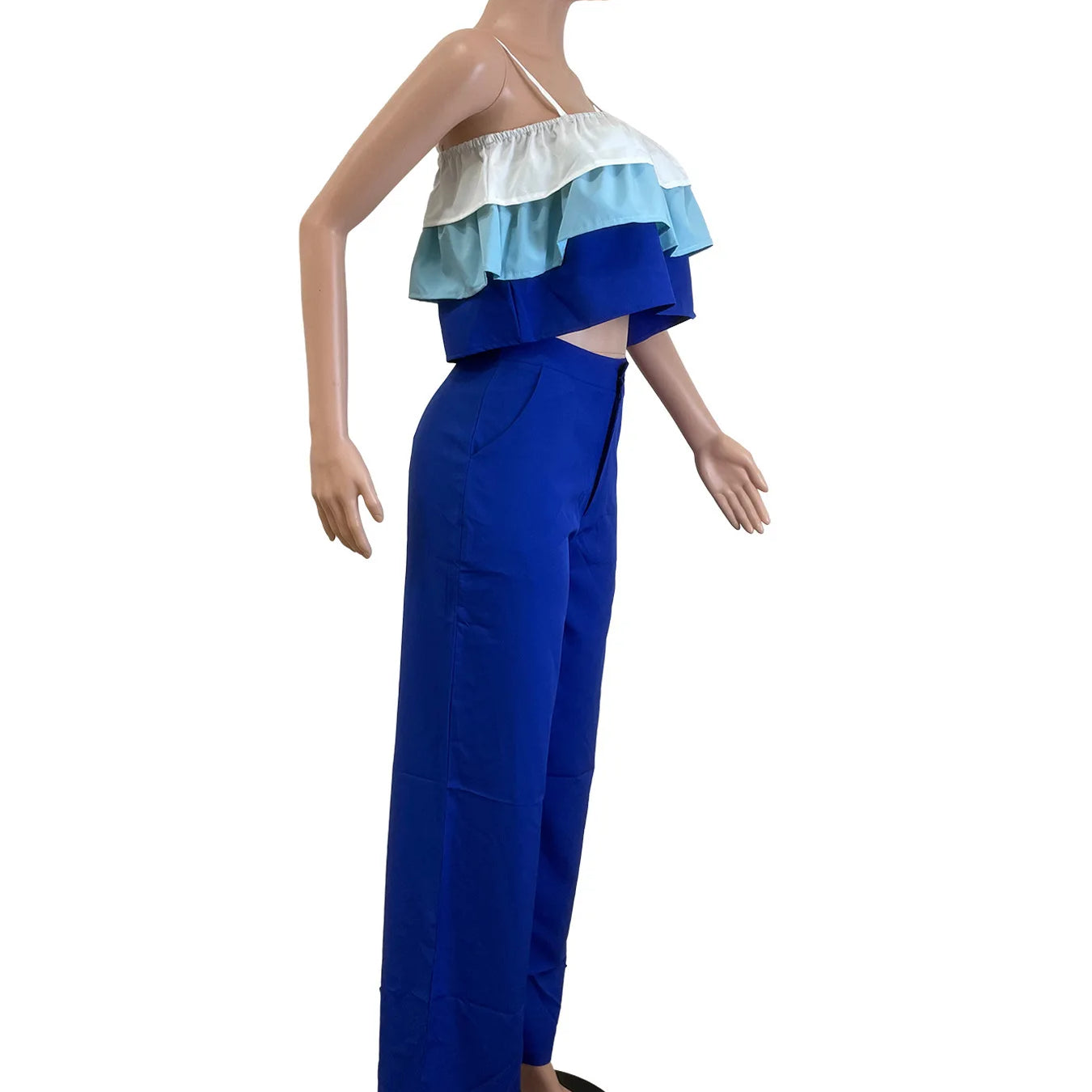 CM.YAYA Fashion Party Women's Set Patchwork Cascading Ruffles Strap Crop Top and Wide Leg Suit 2025 Chic Two 2 Piece Sets Outfit