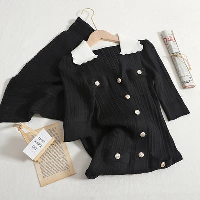 High Quality Summer New Arrival Fashion Women Lapel Color Contrast Short Sleeve Luxury Decoration Knitting Dress Female Sweater Black One Size