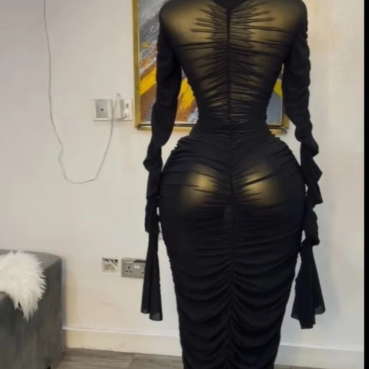 CM.YAYA Women Flare Long Sleeve Stacked Ruched Mesh See Though with Tank Dress Maxi Long Dress 2025 Birthday Sexy Party Dresses