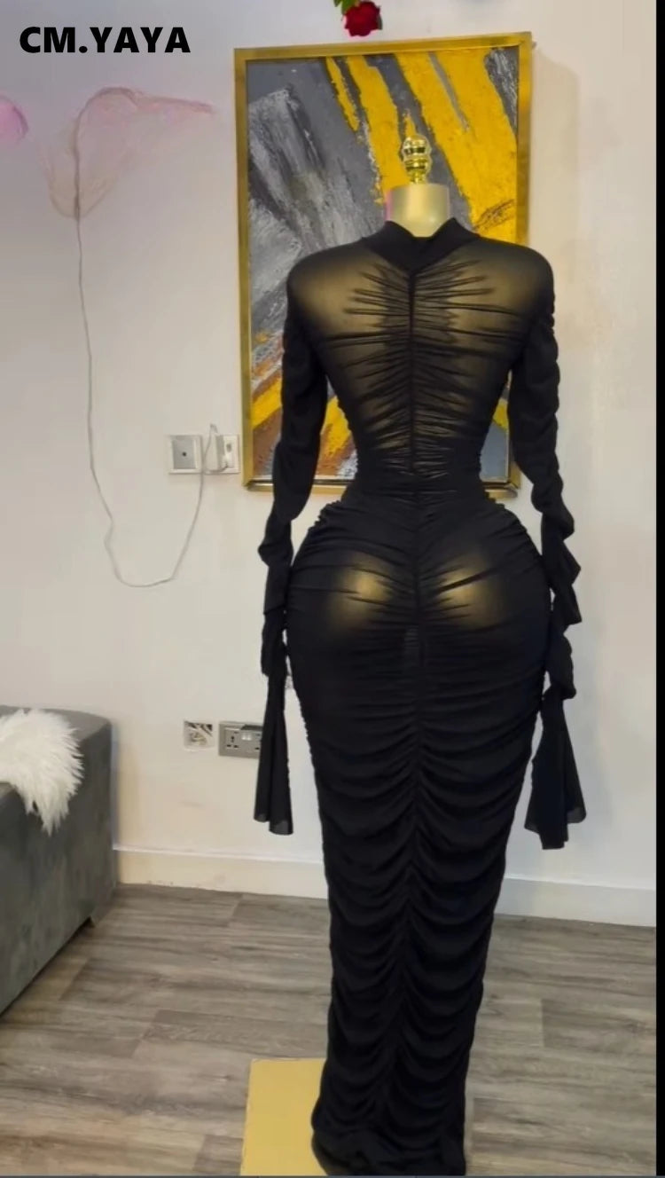 CM.YAYA Women Flare Long Sleeve Stacked Ruched Mesh See Though with Tank Dress Maxi Long Dress 2025 Birthday Sexy Party Dresses