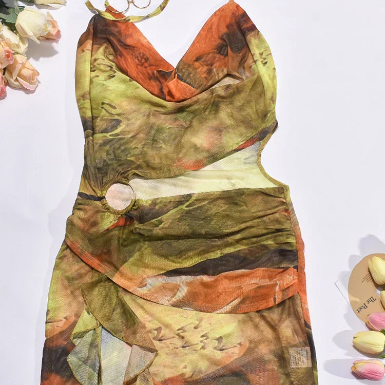 Kricesseen Tropical Halter Neck Mesh Print Ruffles Mini Dress Women Summer Backless O-Rings Cut-Out Night Dress Vacation Outfit