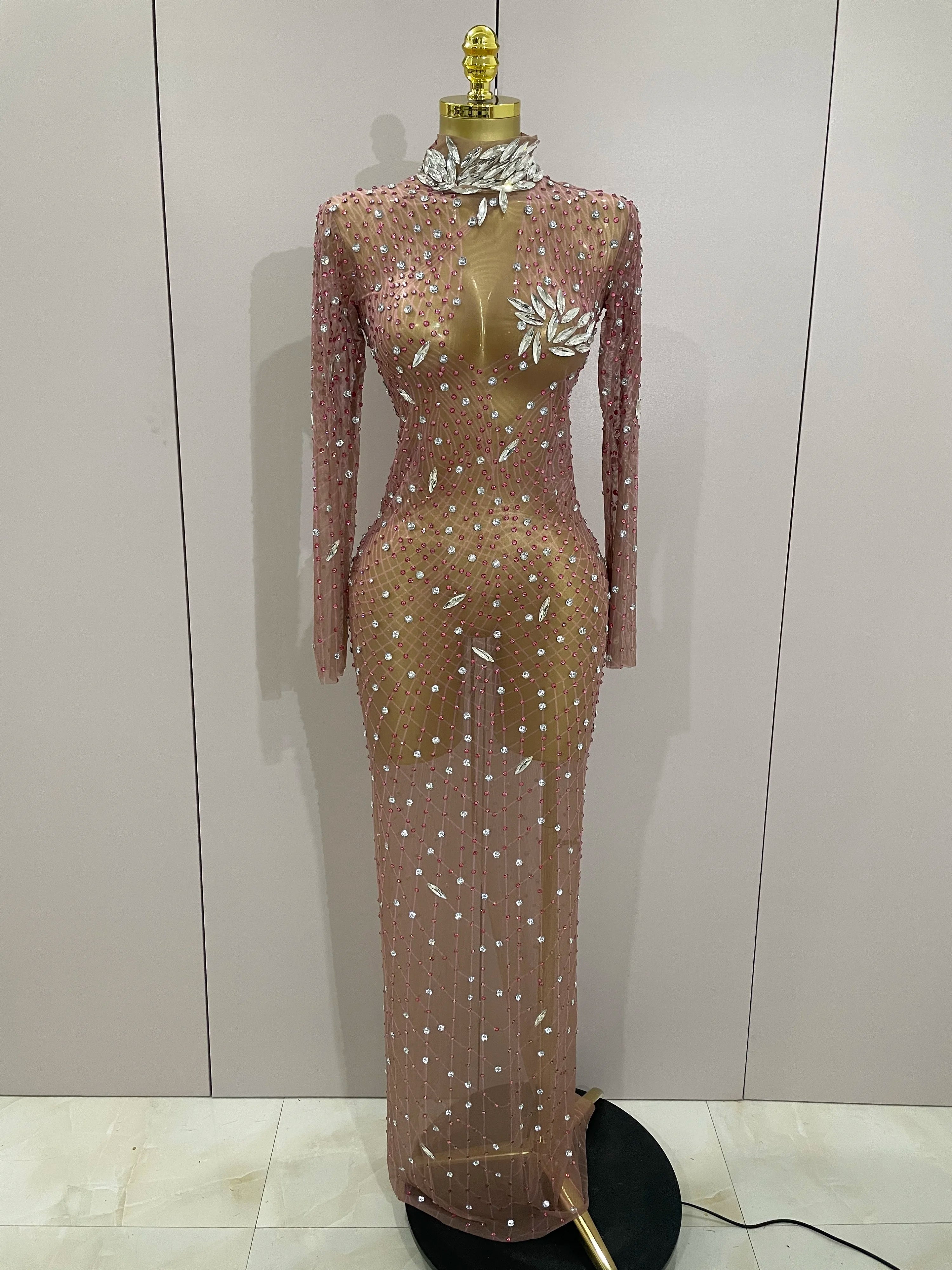 Shining Rhinestones Sexy Mesh See Through Long Dress Women Birthday Celebrate Evening Singer Show Stage Wear Photo Shoot Dress