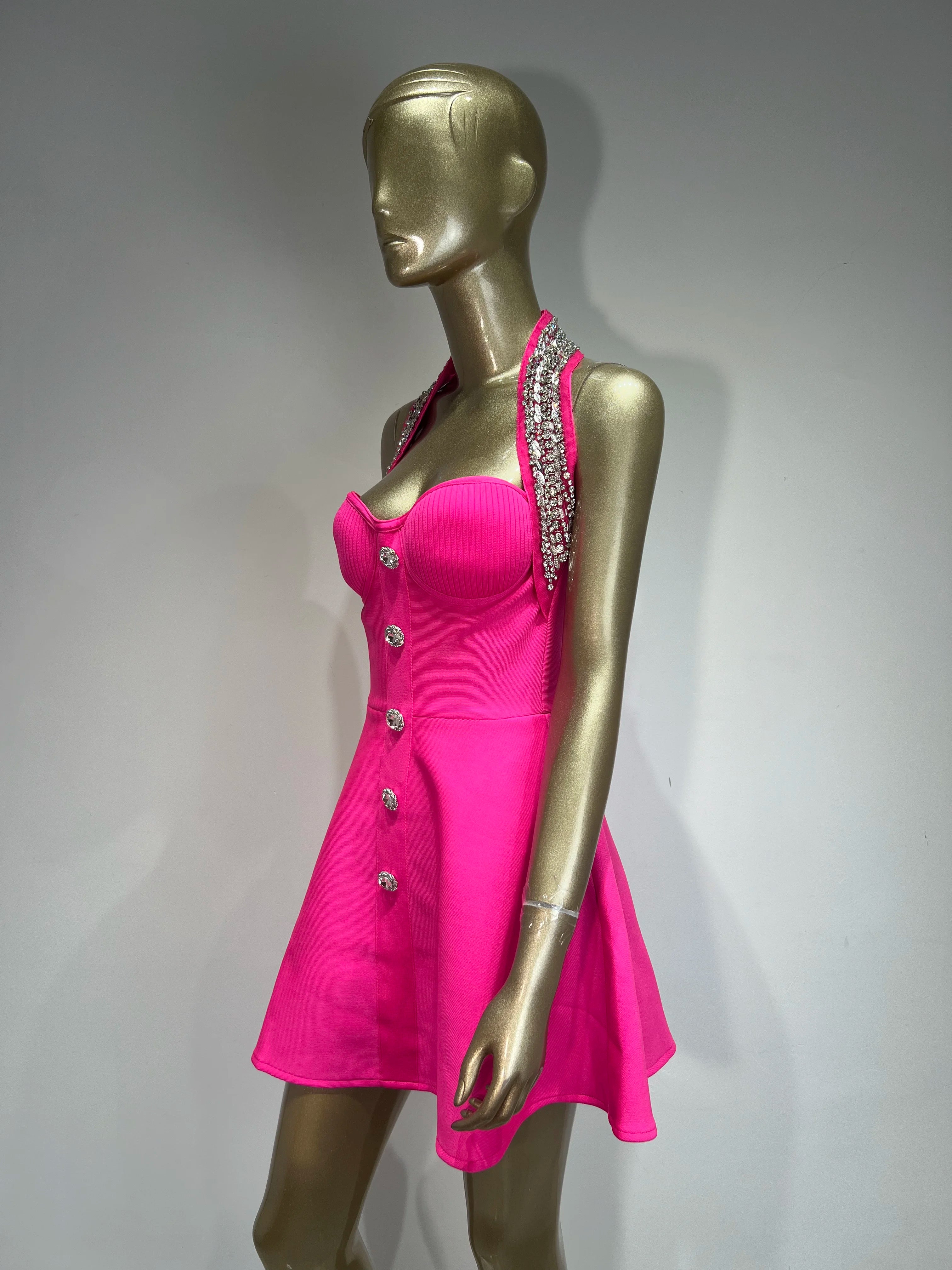 Rosered Black Color Women Sexy Off the Shoulder Halter Shinning Crystal A-Line Bandage Mini Dress Celebrate Nightclub Party Wear