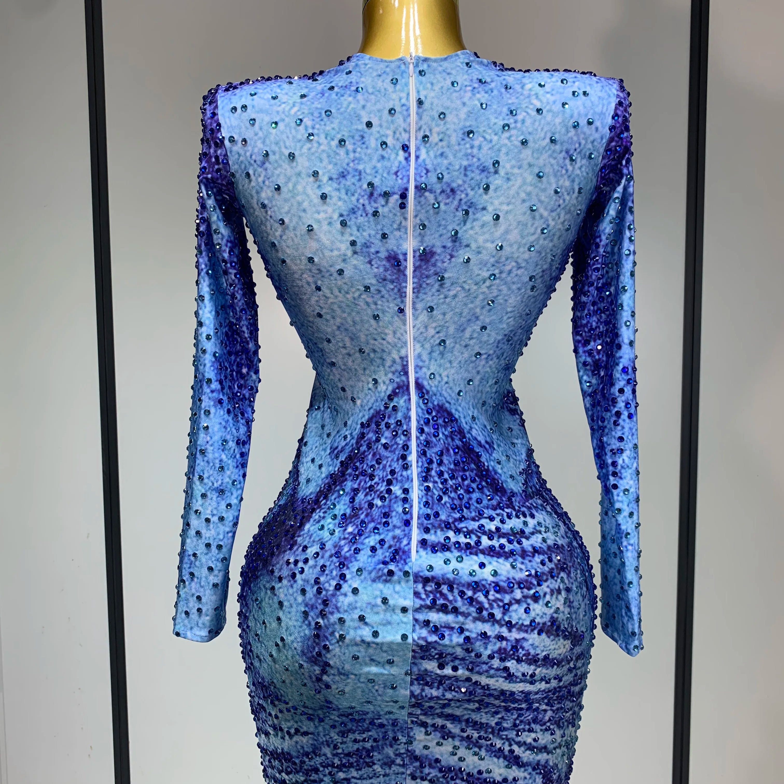 Ladies Sexy Sparkly Rhinestones Blue Long Sleeve Short Dress Women Evening Luxury Birthday Party Nightclub Singer Stage Outfit