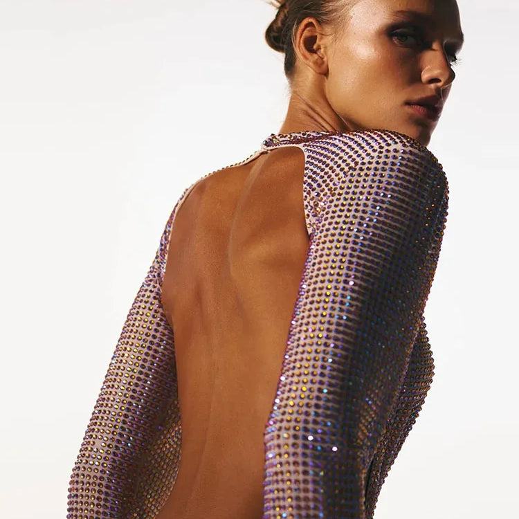 Sexy O Neck Long Sleeve Beading Mini Dress Women Flower Backless Luxury Diamonds Slim Dress Cocktail Party Evening Dresses