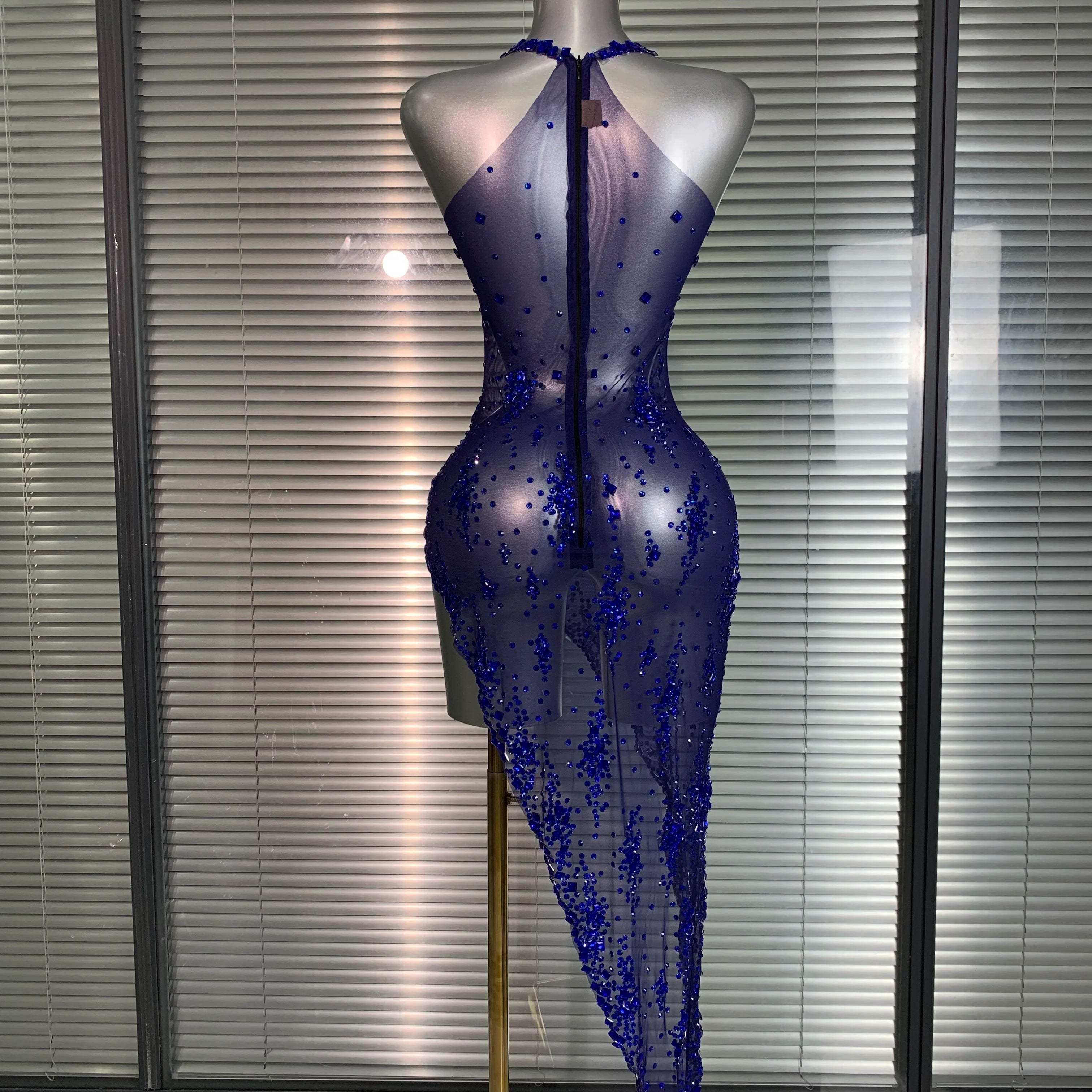 Summer 2025 Women Sexy Mesh Crystal Diamonds Blue Performance Costume Stage Dancer See Through Stretchy Night Club Party Dress