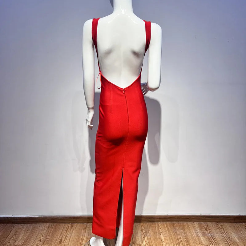 Red Color Women Sleeveless V-Neck Backless Bodycon Long Bandage Dress Celebrate Evening Party Birthday Outfit Vestido