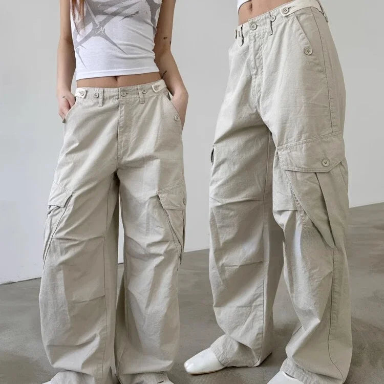 Multiple Pockets Straight Trousers Women Summer Loose Thin Cargo Pants Y2k Grunge High Waist Casual Wide Leg