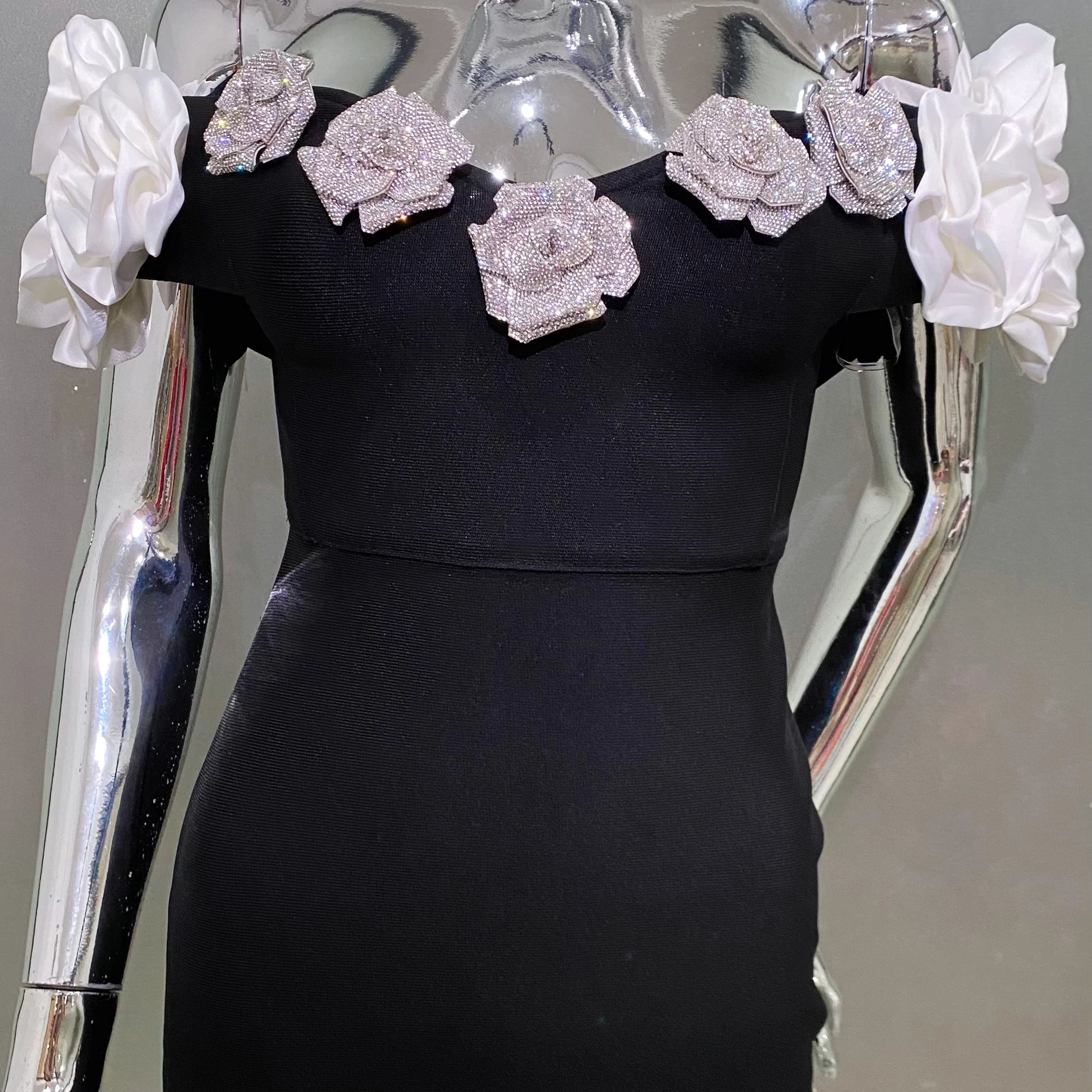 Stereoscopic Diamond Flowers Sexy Off The Shoulder Ankle Lenght Bandage Dress Woman Birthday Party Vestido Wedding Party Outfit