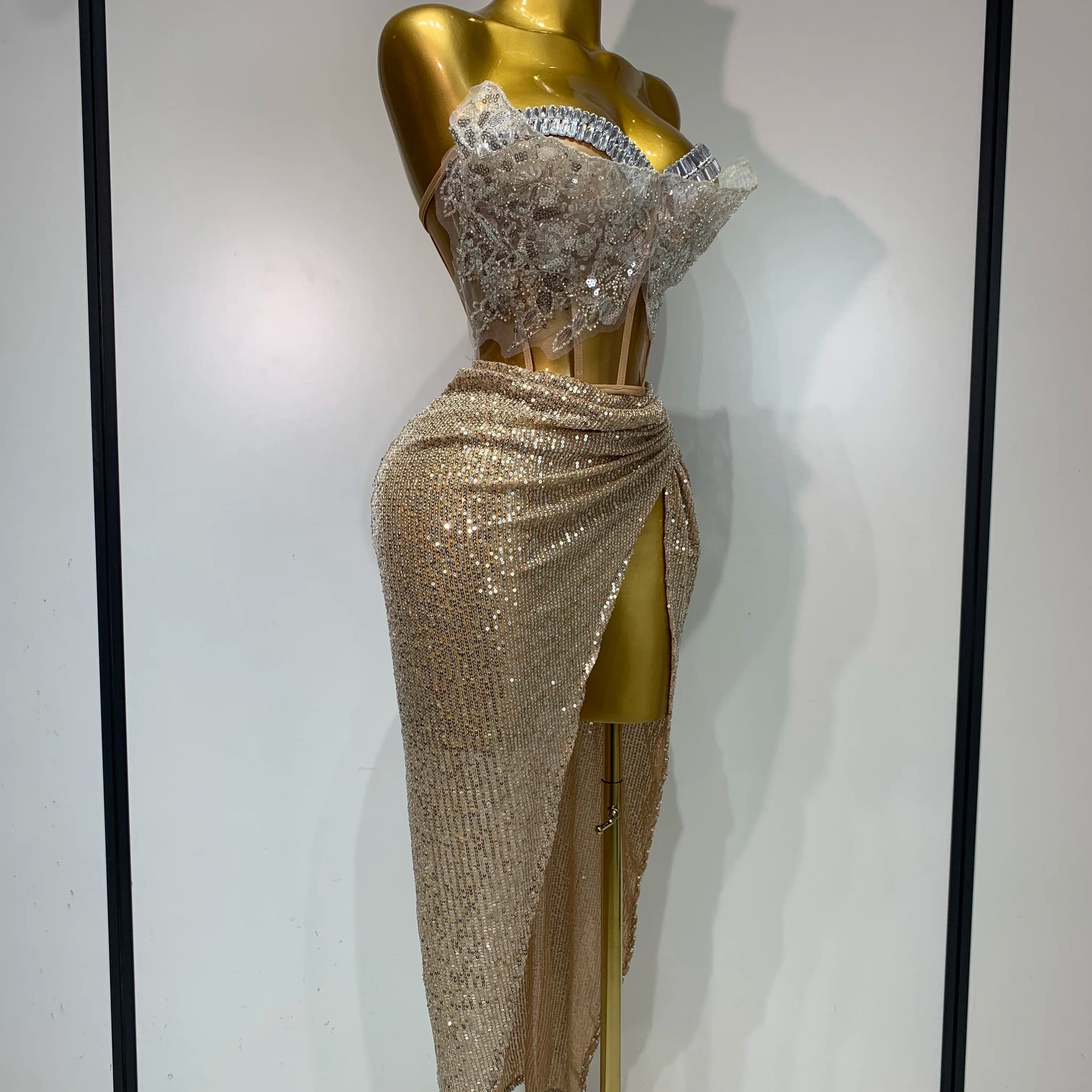 Women Sexy Singer Dancer Performan Costume Night Club Bar Girl Sparkly Sequins Diamond Party Two Piece Set Evening 0utfit