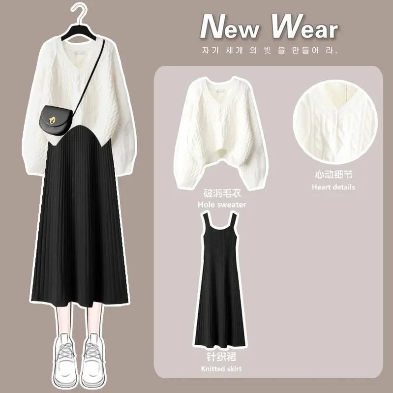 Autumn Winter Suit Women's Korean Version Western Style Relaxed Lazy Wind Sweater Slim Sling Dress Two-piece Suit Set 06