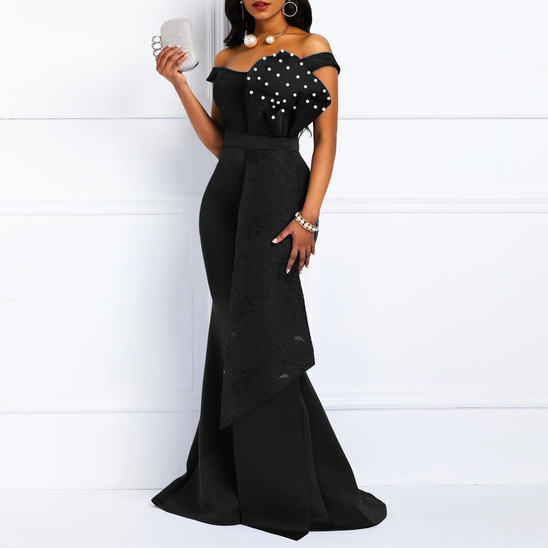 2021 Winter Women Slash Neck Short Sleeve Pearl Dress Sexy Office Lady Africa Evening Night Club Party Long Maxi Dresses GL05143 black