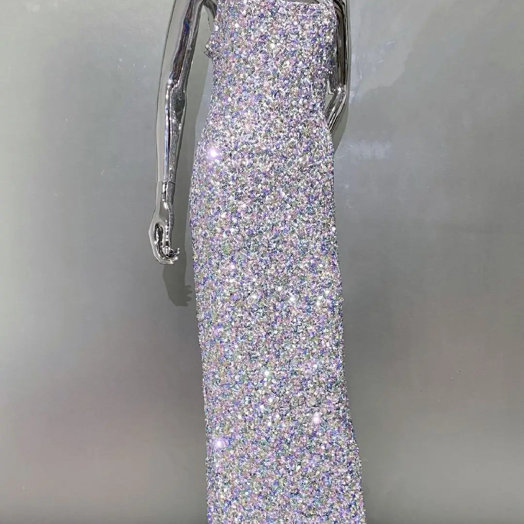 Shinning Sequins Women Sleeveless Sexy Square Collar Bodycon Long Fashion Evening Party Dress Birthday Prom Outfit Vestido