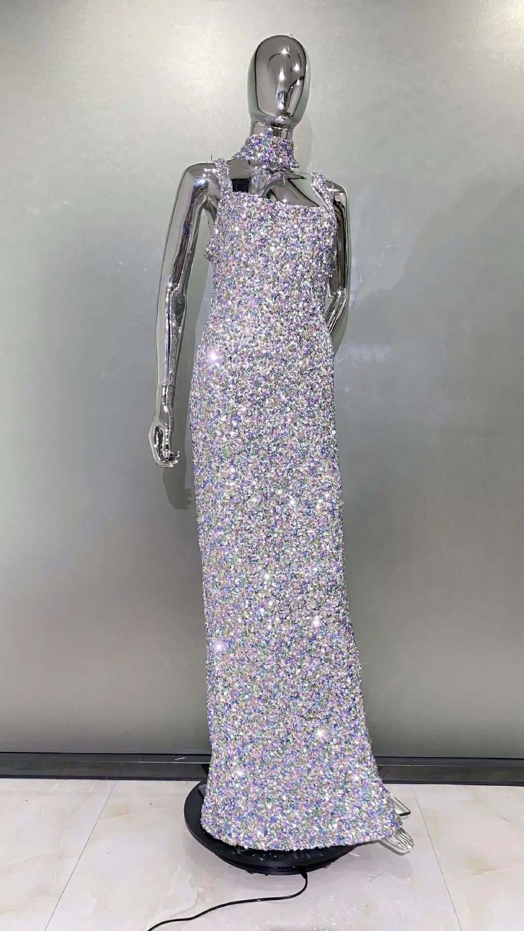 Shinning Sequins Women Sleeveless Sexy Square Collar Bodycon Long Fashion Evening Party Dress Birthday Prom Outfit Vestido