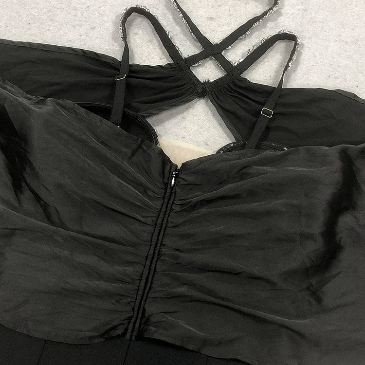 VC Eye-Catching Off-Shoulder V-Neck Hot Pink & Black Dress with Crystal Party Evening Gown