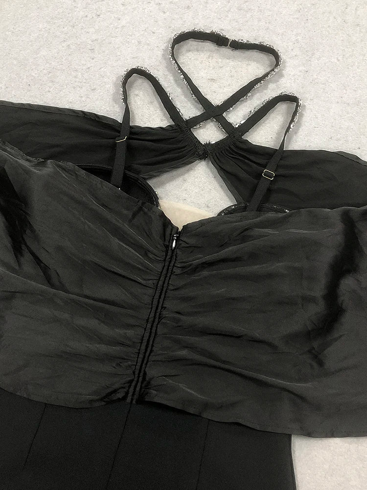 VC Eye-Catching Off-Shoulder V-Neck Hot Pink & Black Dress with Crystal Party Evening Gown