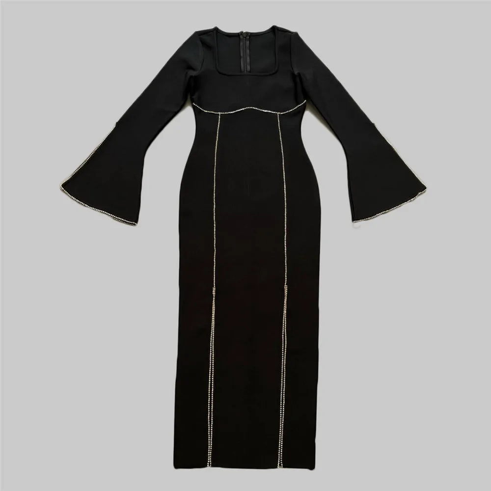 Vestido feminino sexy de manga comprida com gola quadrada e zíper, justo na altura da panturrilha, vestido de festa à noite da moda