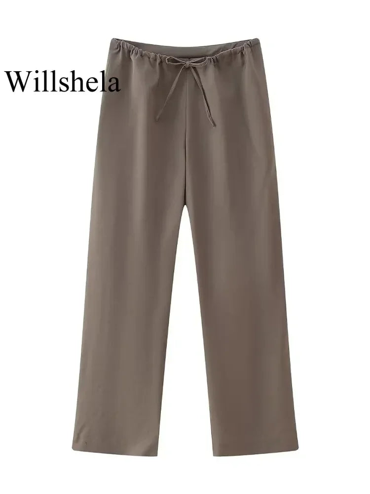 Women Fashion Two Piece Set Brown Pleated Halter Neck Tops & Straight Pants Vintage Female Chic Lady Pants Suit