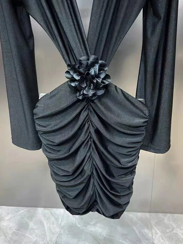 DEAT New Items Trendy Women's Wrinkled 3D Flower Chest Pad Dress Spring Fashion Long Sleeves V-neck Dresses Female 11XX8774