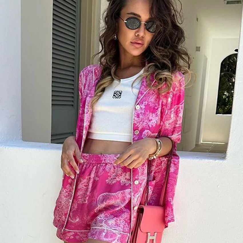 Clacive Fashion Loose Print 2 Piece Set Women Outfit Summer Short Sleeve Shirt With High Waist Shorts Set Female Streetwear