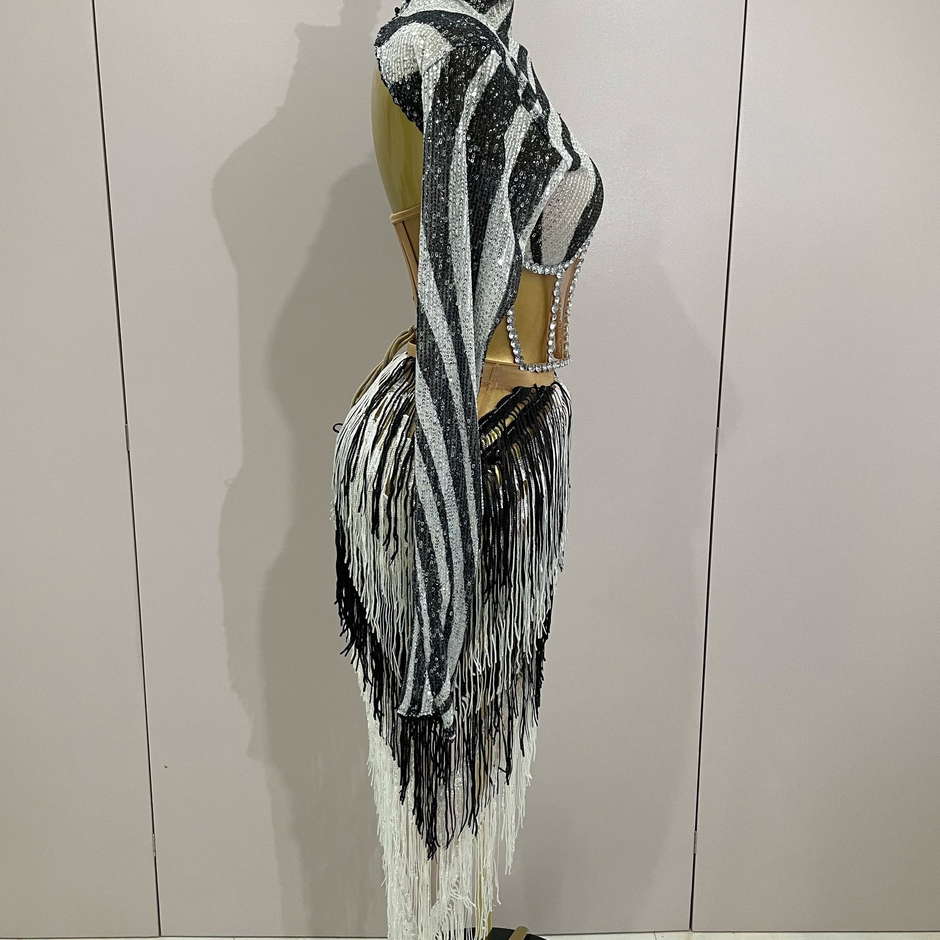 2025 New Shiny Diamond Sequin Tassels Sexy Mesh Long Sleeved Two Piece Set Women Evening Birthday paty Nightclub Stage Costume