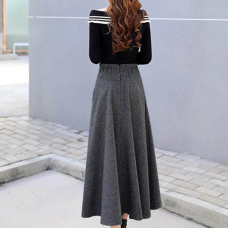High Waist Vintage Houndstooth Plaid Warm Wool Long Skirt For Women 2023 Elegant Casual Big Swing A-Line Saias Longas Female