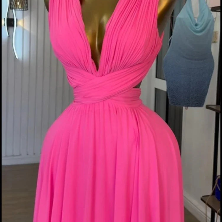 CM.YAYA Women Sleeveless Cutout Back Wrap V-neck Pleated A-line Chiffon Maxi Long Dress Birthday Vacation Sexy Party Dresses