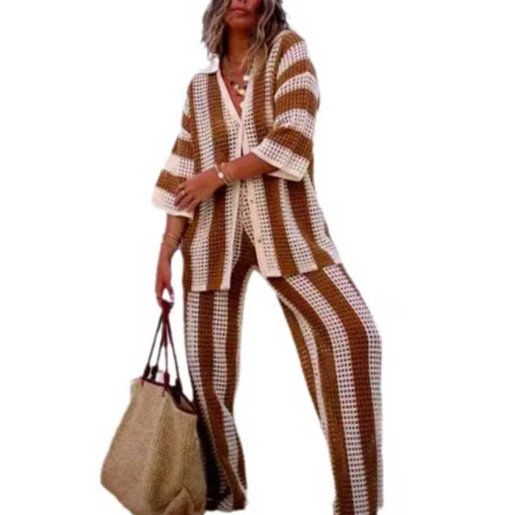 Summer Outfits for Women Vacation Hollow Out Sweater Shirt and Trouser Lady Casual Sexy Plus Size Sets 2 Piece Pants Sets Wide
