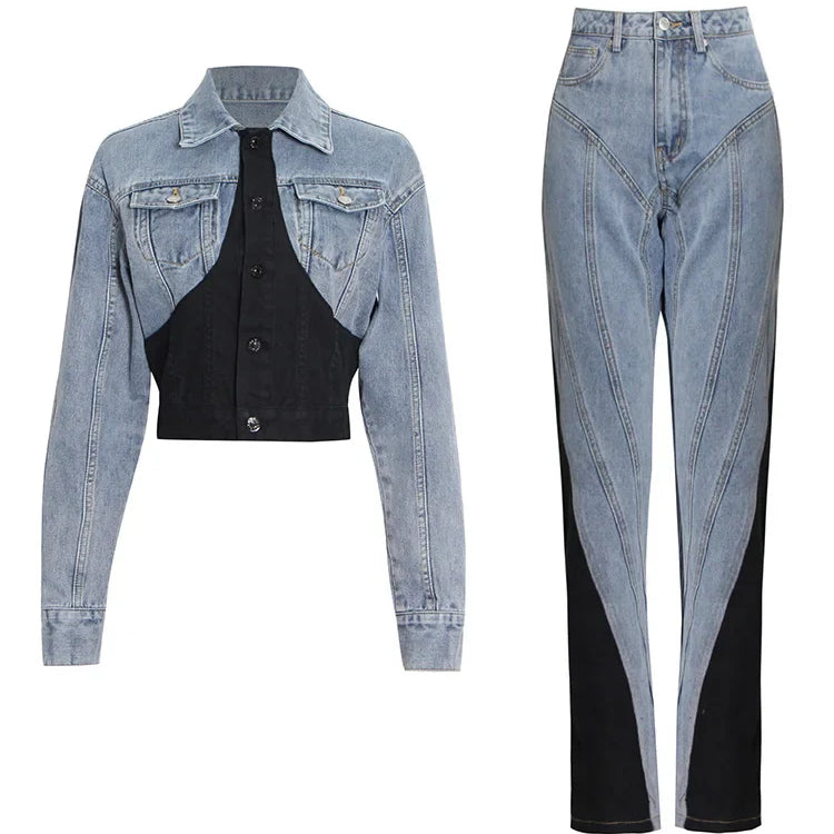 TWOTWINSTYLE Hit Color Patchwork Denim Two Piece Sets Women Long Sleeve Coat Jacket Female High Waist Pencil Pants Jeans 2022 Blue
