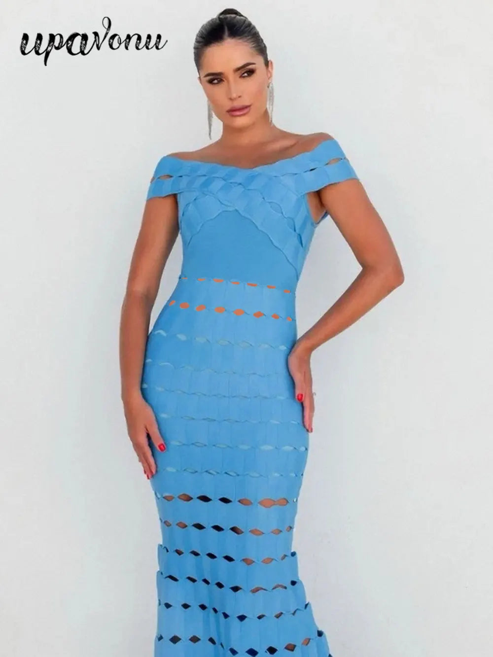 2025 Spring Sexy Women Hollow Cut Design Bandage Dress with One Collar Shoulders Bodycon Backless Midi Dress Club Party Vestidos