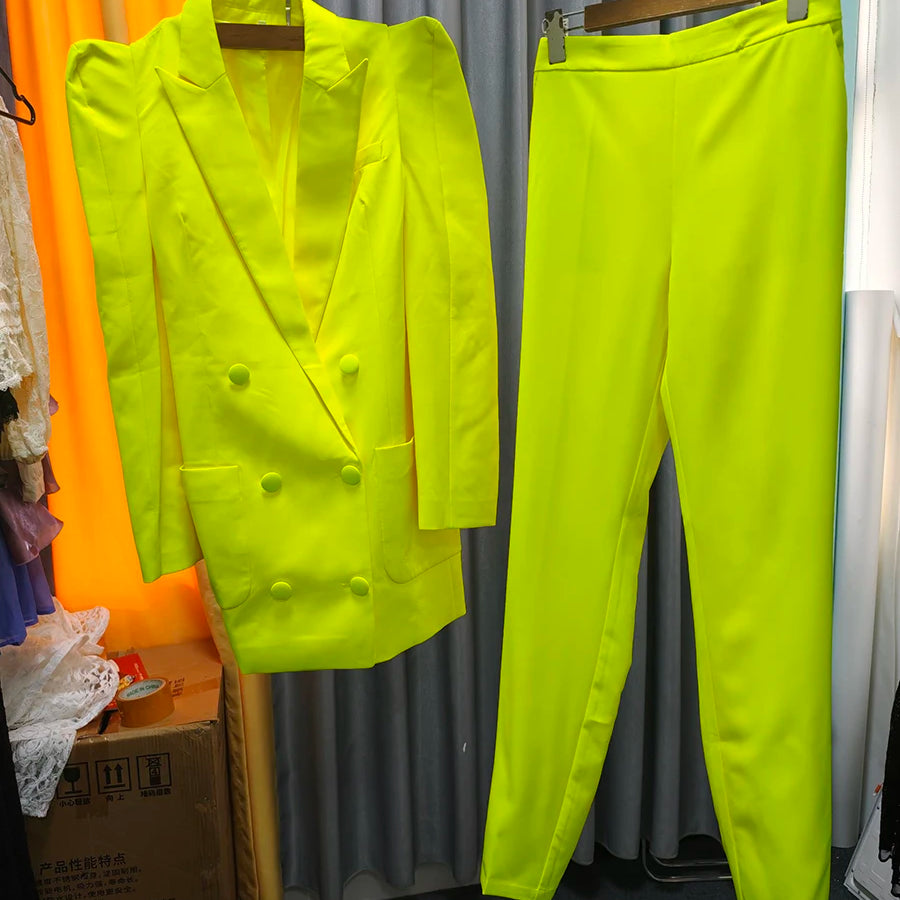 TWOTWINSTYLE Solid Two Piece Set for Women Lapel Long Sleeves Patchwork Pockets Loose Blazer High Waist Pant Sets Female Clothes