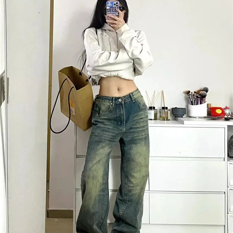 Autumn Winter New Ladies Baggy Jeans American High Street Wide Leg Women's Jeans Note Embroidery Women Pants High Waist