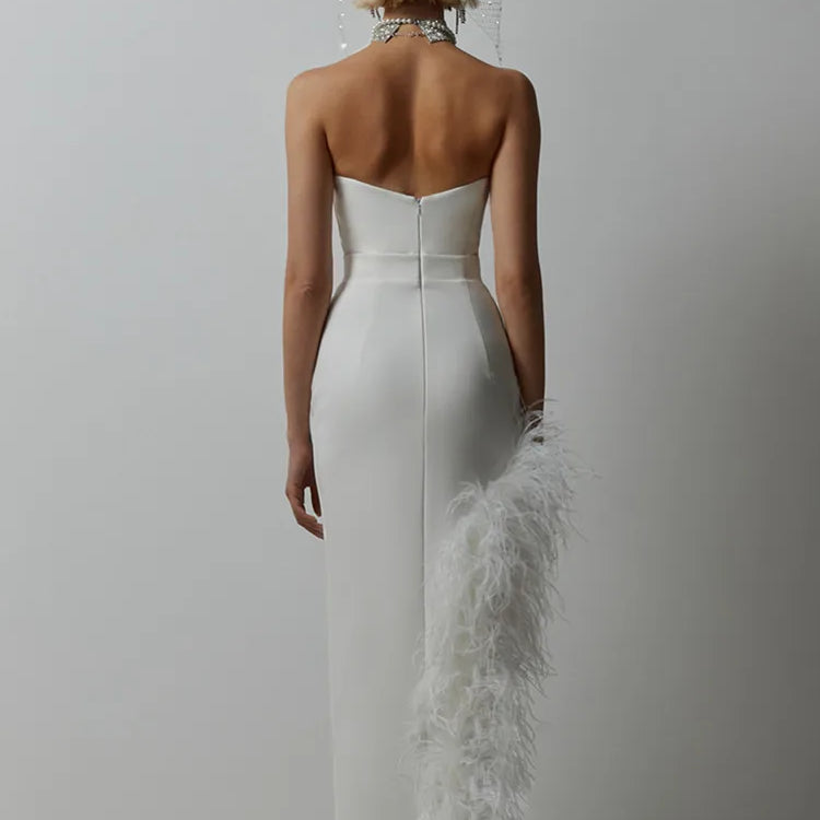 Women Spring Sexy Strapless Backless Black White Pink Feather Midi Bandage Dress 2023 Knitted Elegant Evening Club Party Dress