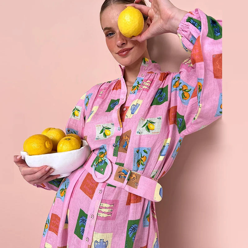 Elegant Loose Tie-Up Stand Collar Shirt Dress Women Fall Boho Print Pink Maxi Dress Fashion Geometric Cartoon Pattern Long Dress 01 Pink