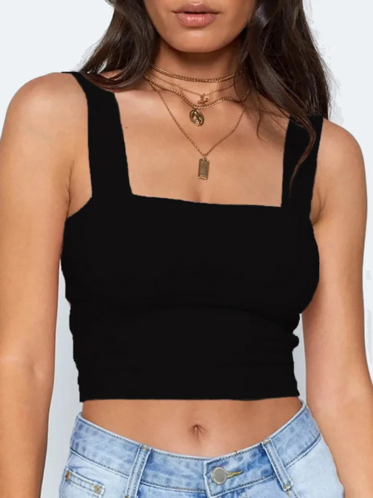 Square Neck Sleeveless Summer Crop Top White Women Black Casual Basic T Shirt Off Shoulder Cami Sexy Backless Tank Top black