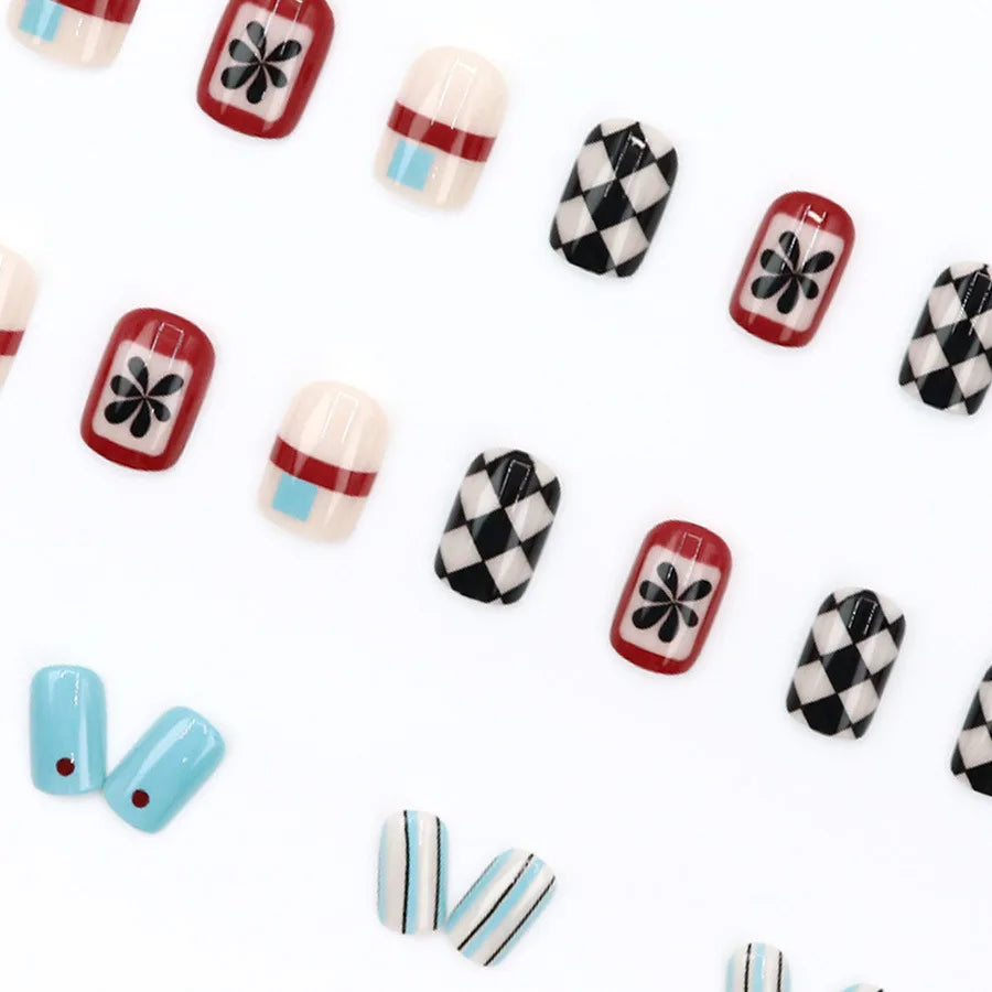 24pcs Almond Press on Nails Color Block Checkerboard Diamond Pattern Fake Nail for Women&Girl Removable Wearable Nail Sticker