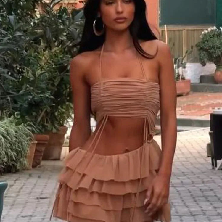 Retro Brown Ruffles Hem Women's Outfits Sexy Pleated Halter Copped Top Suit Casual High Waist Mini Skirt 2pcs Set Summer Holiday