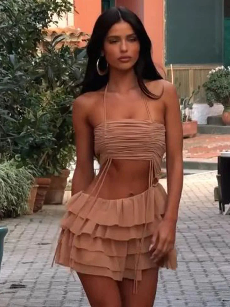 Retro Brown Ruffles Hem Women's Outfits Sexy Pleated Halter Copped Top Suit Casual High Waist Mini Skirt 2pcs Set Summer Holiday